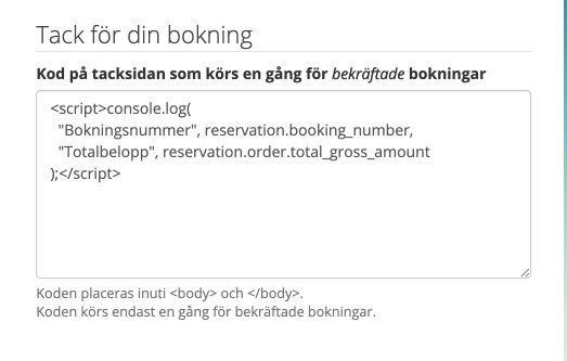 Egen kod på sidan tack för din bokning
